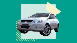 An image of a silver SUV against a light screen square on a dark green background.